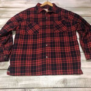 Wenven Shacket Flannel Mens Large Red Black Plaid Full Button Snap Checkered